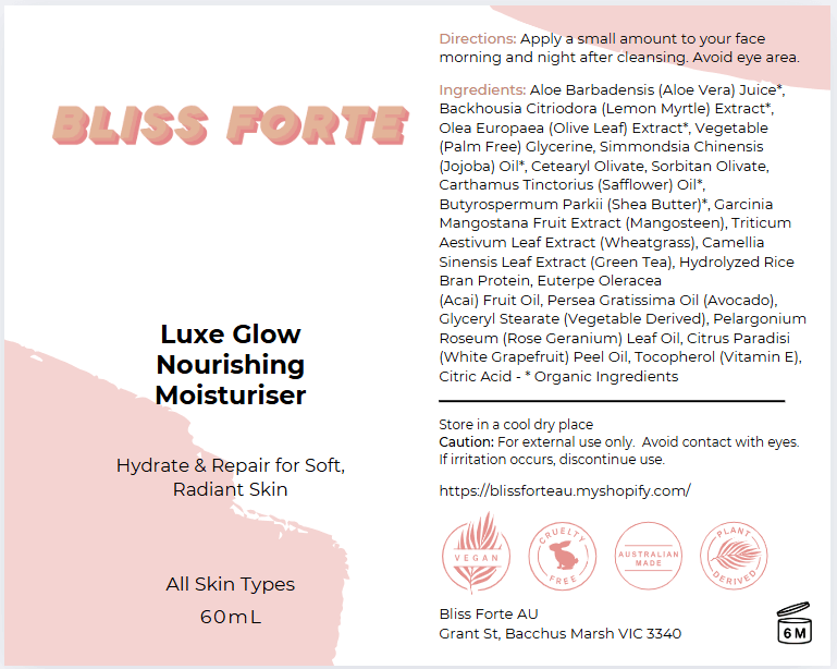 Luxe Glow Nourishing Moisturiser by Bliss Forte for radiant skin, featuring natural ingredients and Australian small business ethics.