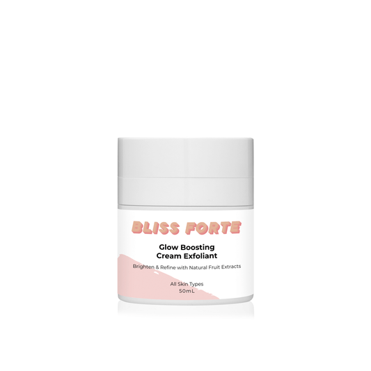Glow Boosting Cream Exfoliant by Bliss Forte, featuring natural fruit extracts for radiant skin, suitable for all skin types.