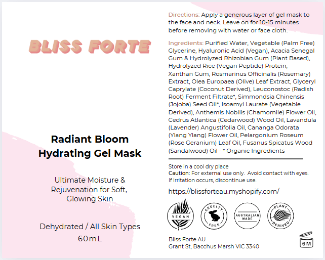 Radiant Bloom Hydrating Gel Mask by Bliss Forte: Deep hydration for soft, glowing skin, made in Australia with natural ingredients.
