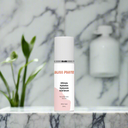 Ultimate Hydration Hyaluronic Acid Serum by Bliss Forte on marble background, ideal for hydrating and nourishing skin care routines.