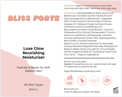 Luxe Glow Nourishing Moisturiser by Bliss Forte for radiant skin, featuring natural ingredients and Australian small business ethics.