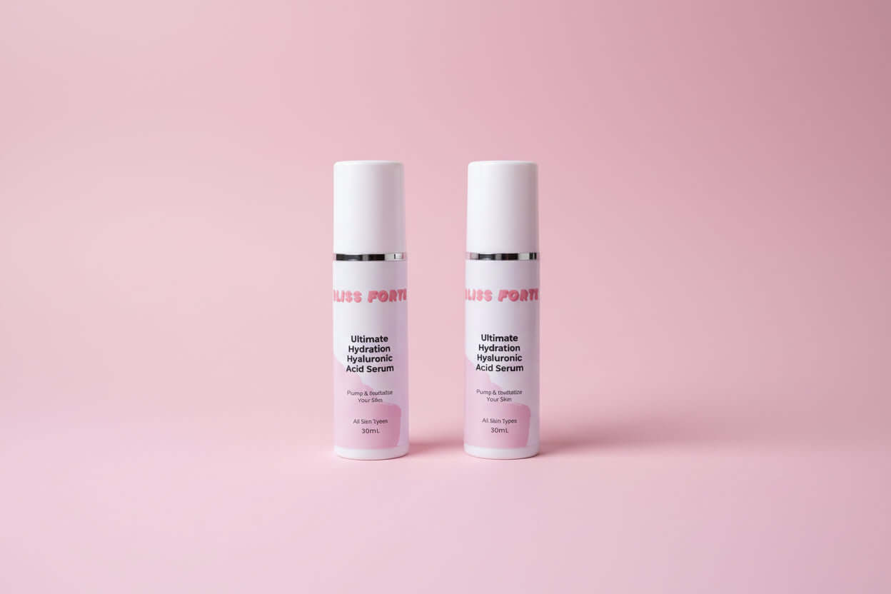 Two bottles of 'Bliss Forte' serum on a reflective surface with a purple background