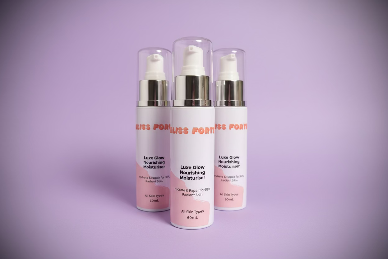 Three bottles of Bliss Point Luxe Glow Nourishing Moisturizer on a pink and green gradient background.