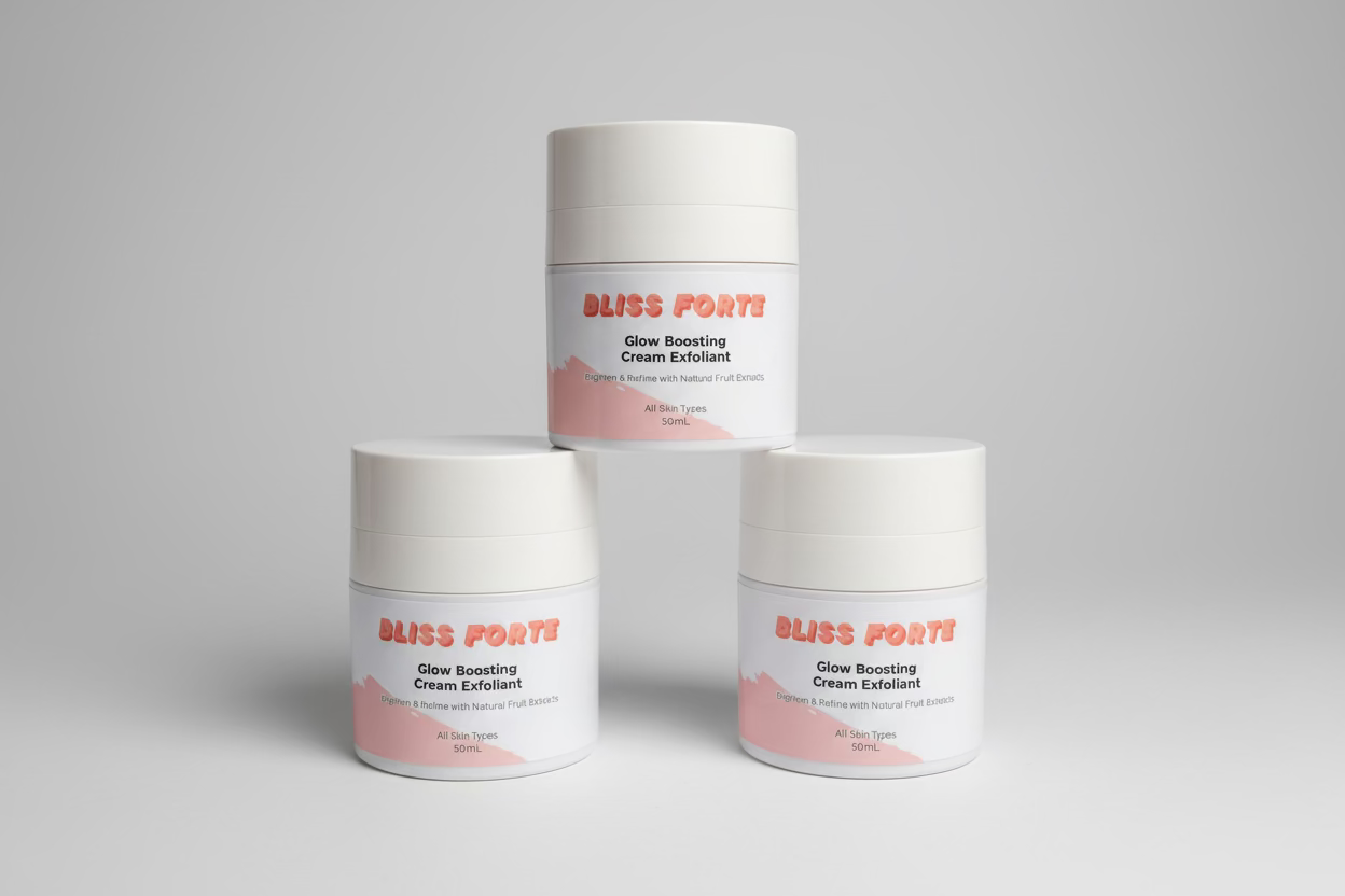 Three jars of Bliss Forte skincare products on a pink background