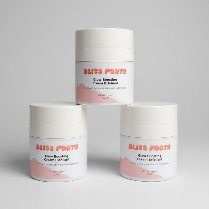 Three jars of Bliss Forte skincare products on a pink background