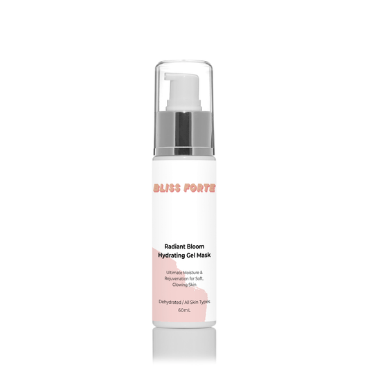 Radiant Bloom Hydrating Gel Mask for ultimate moisturization, hydrates and nourishes all skin types; 60ml bottle.