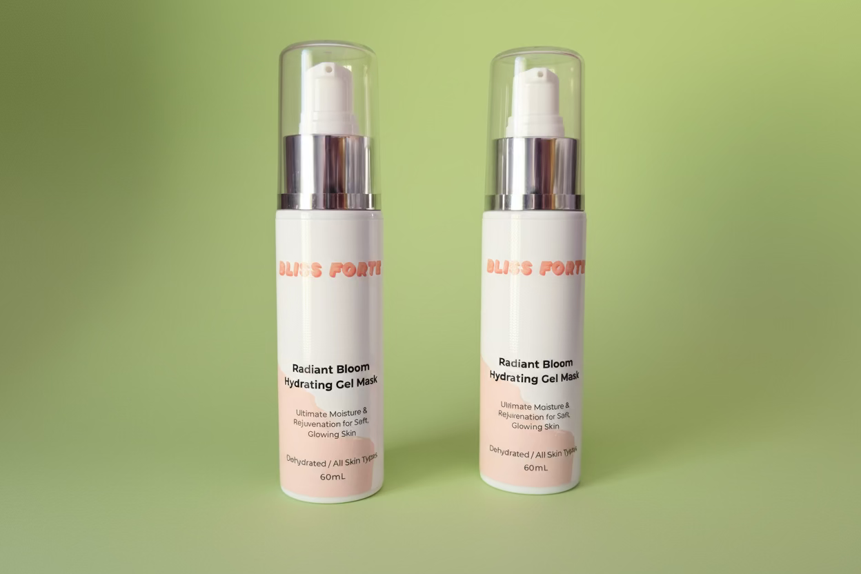 Two bottles of 'Radiant Bloom Hydrating Gel Mask' on a green towel with a wooden background.