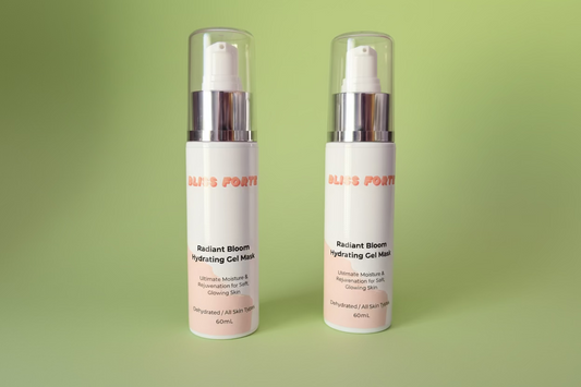 Two bottles of 'Radiant Bloom Hydrating Gel Mask' on a green towel with a wooden background.