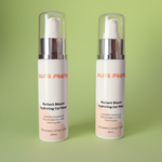 Two bottles of 'Radiant Bloom Hydrating Gel Mask' on a green towel with a wooden background.
