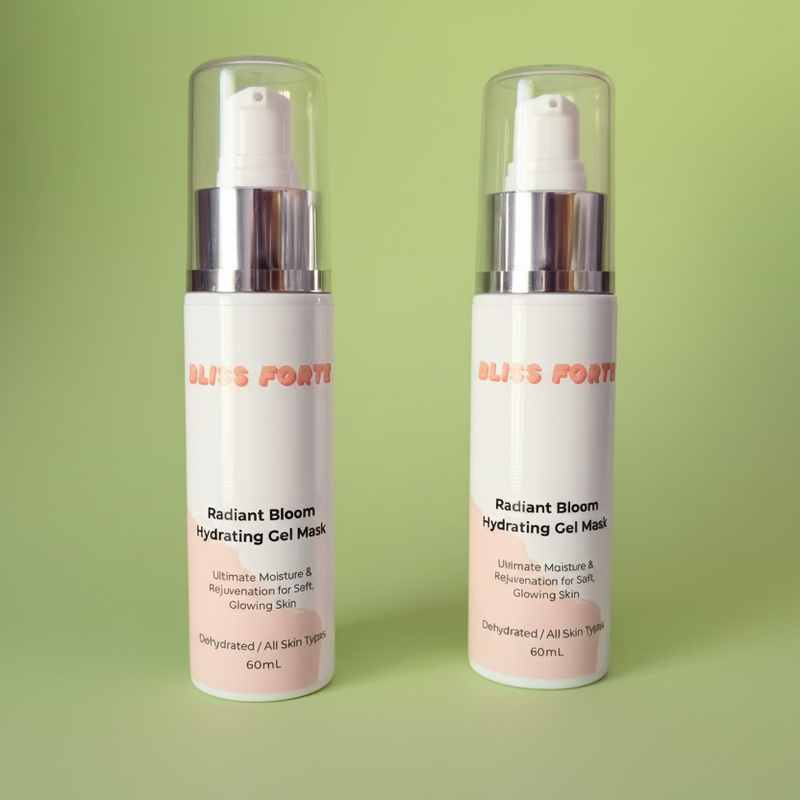 Two bottles of 'Radiant Bloom Hydrating Gel Mask' on a green towel with a wooden background.