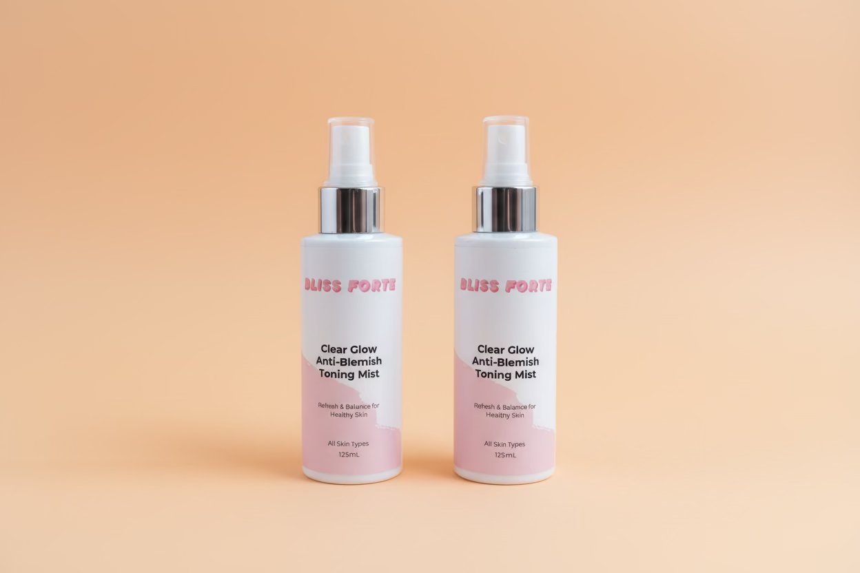 Two bottles of Bliss Forte Clear Glow Anti-Blemish Toning Mist on a green towel with a wooden background.