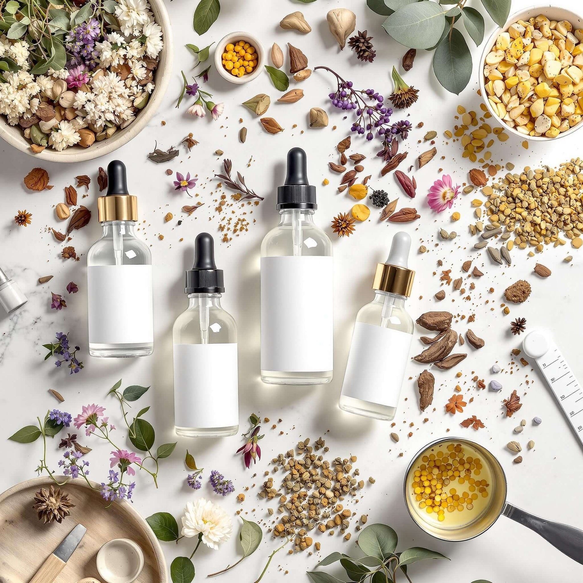 Four glass bottles surrounded by natural herbs, flowers, and spices for skin care formulations.