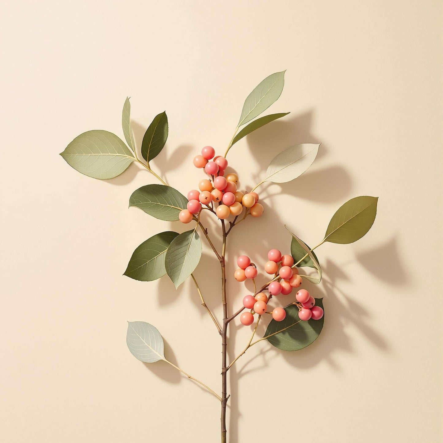 Stylish branch with pink and orange berries and green leaves against a soft beige background.