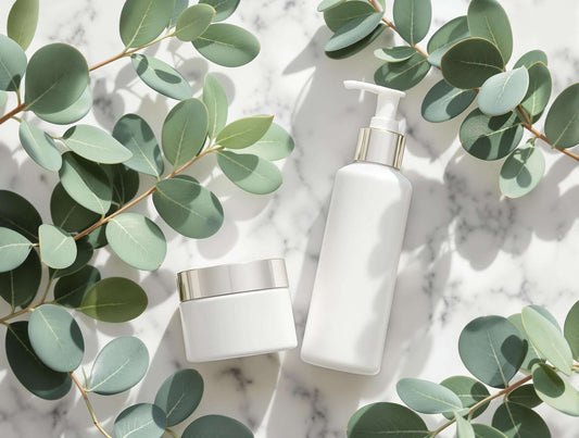 Daily essentials skincare products on marble with eucalyptus leaves, promoting hydration and nourishment.